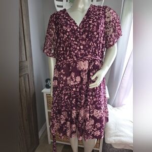 Lane Bryant Purple and Pink Flutter Sleeve Midi Dress